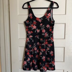 Black and Pink Floral Fit and Flare Mini Dress